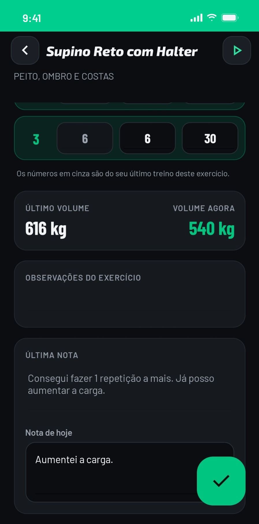 Notas do Supino Reto com Halter. Última nota: Consegui fazer 1 repetição a mais. Já posso aumentar a carga. Nota de hoje: Aumentei a carga.