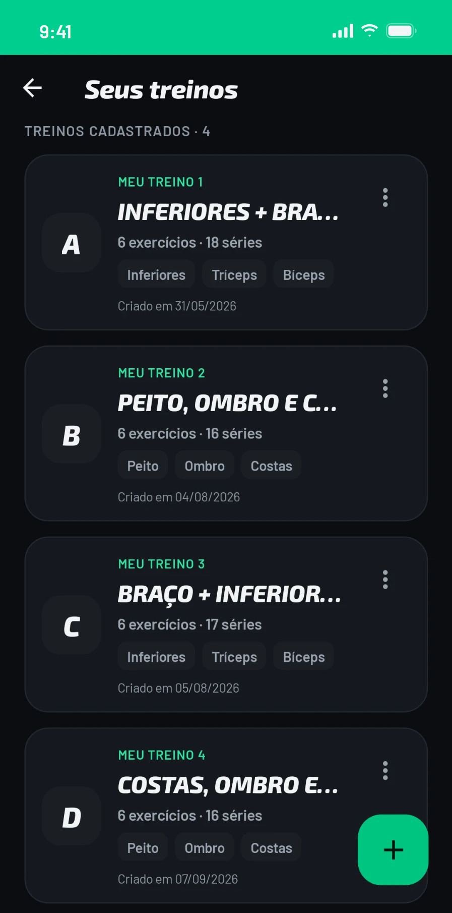 Tela Seus treinos com os treinos A, B e C, cada um com exercícios, séries e grupos musculares