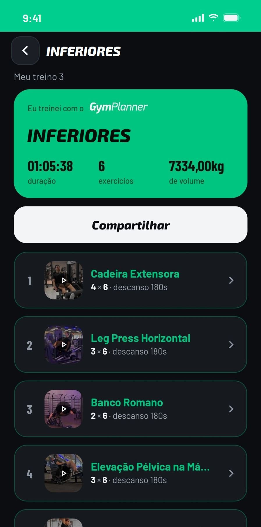 Treino concluído: card do treino Inferiores com 01:05:38 de duração, 6 exercícios e 7334 kg de volume, e o botão Compartilhar